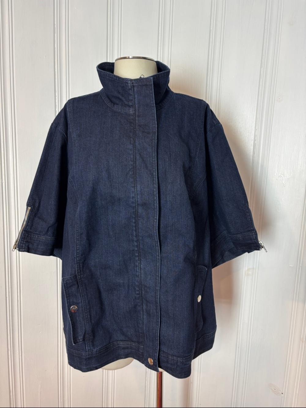 NWT LIZ & ME Dark Indigo Denim Jacket Mao Collar Short Sleeve - Size 3X